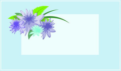 blue greeting card with a bouquet of purple flowers and a place for a greeting or invitation