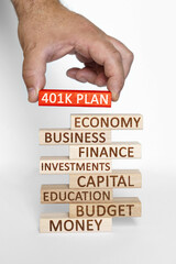 Businessman hand sets on a tower with business words red wooden block with the inscription - 401K PLAN