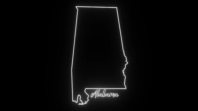Map of Alabama State United States of America, Alabama outline, white glowing outline, Animated close up map of Alabama
