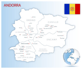 Detailed Andorra administrative map with country flag and location on a blue globe.