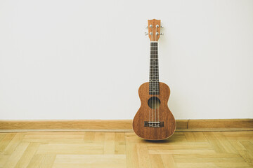 Ukulele at a music school. Acoustic concept. Children's guitar.