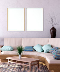 Mock up poster frame in Scandinavian style interior. Minimalist interior design. 3D illustration. 3D render