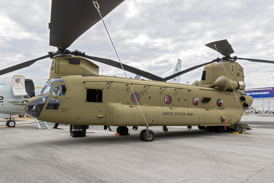 US Army Boeing CH-47F Chinook transport helicopter on display at the Paris Air Show. France - June 20, 2019