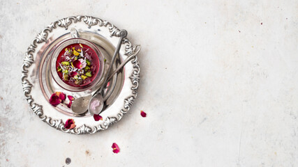 Malabi (muhallebi) milk pudding with pistachios. Arabic desert