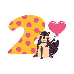 Birthday numbers with cute animals. Vector illustration isolated on white background