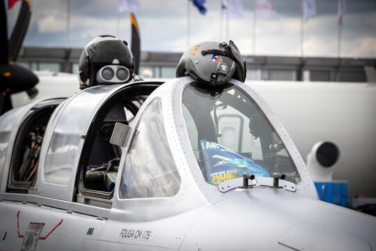 Fouga CM175 Magister trainer jet on display the Paris Air Show. France - June 20, 2019