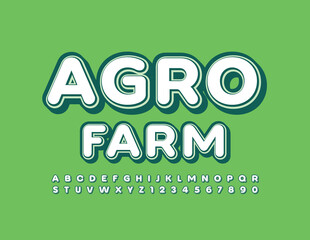 Vector business logo Agro Farm. White and Green creative Font. Retro Alphabet Letters and Numbers set