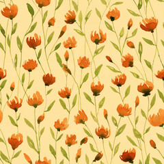 Orange flowers watercolour seamless pattern. Floral pattern for fabric, wrapping, textile, wallpaper, background.