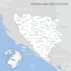 Blue-gray detailed map of Bosnia and Herzegovina administrative divisions and location on the globe.