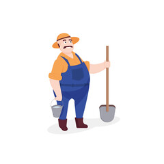 farmer in work dungarees holding bucket and shovel. Farming, gardening. Flat vector cartoon illustration