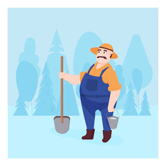 farmer in work dungarees holding bucket and shovel against the background of the forest. Farming, gardening. Flat vector cartoon illustration