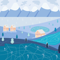 Landscape with snow-covered trees and walking people. Winter outdoor activities and sports. ice skating winter landscape. Happy winter holidays. seasonal vector illustration.