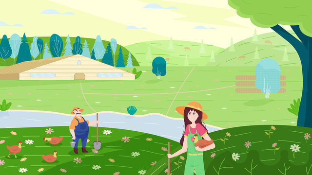 Vector illustration of Farm with people. Cartoon flat drawing of a village, green hills and sky. Sunny day at the farm. Agriculture background image with people.
