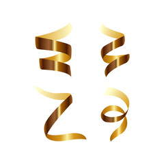 Serpentine set, gold color. Set of gold curling streamers or ribbons on white background. Elements for your birthday, holiday design, party greeting, festive carnival. Vector illustration.