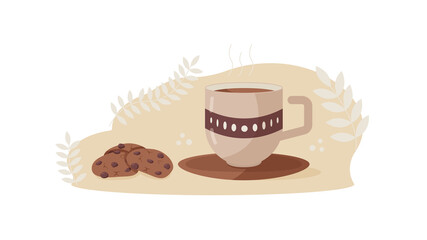 A mug with coffee and chocolate cookies. Hot drink. Vector illustration