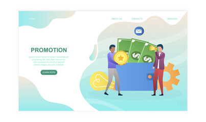 Male character is getting job promotion. Two men standing next to purse with money in it. Website, web page, landing page template. Flat cartoon vector illustration