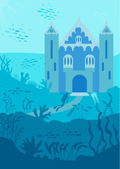 Underwater landscape. The castle is under water. background underwater world, sea ocean, fish animals, algae and coral reefs, vector illustration