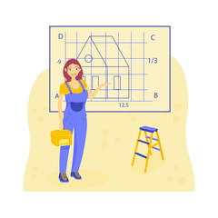Cartoon Female Builder Holding box in hand. Over Abstract Plan Background. Flat Vector Illustration