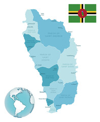 Dominica administrative blue-green map with country flag and location on a globe.