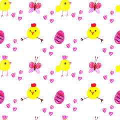 Chickens with Easter red egg, butterfly and hearts on a white background.