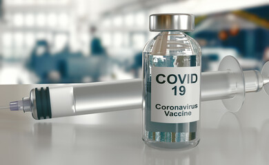 Covid 19 Corona Virus drug vaccine vials medicine bottles syringe injection. SARS-CoV-2 Vaccination, immunization, treatment to cure Covid 19 Corona Virus infection. Medical 3d rendering concept.