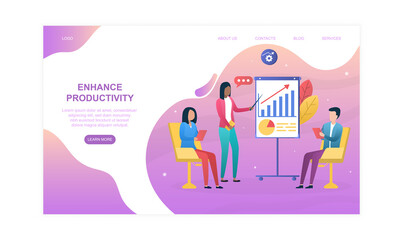 Male and female characters are offering solutions to enhance productivity. Effective teamwork and workforce management. Website, web page, landing page template. Flat cartoon vector illustration