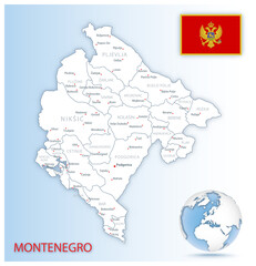 Detailed Montenegro administrative map with country flag and location on a blue globe.