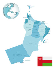 Oman administrative blue-green map with country flag and location on a globe.