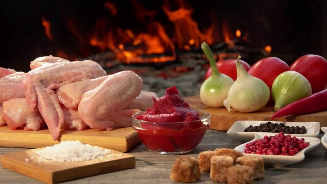 View of the ingredients for the preparation of delicious grilled chicken wings with salt, tomato sauce and onions on the background of the open fire.