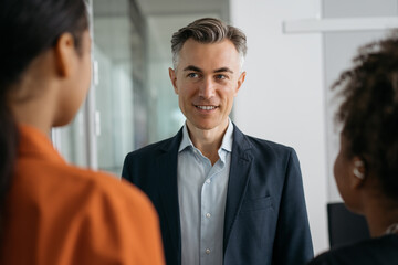 Mature confident mentor or business coach teaches people at business seminar, explaining...