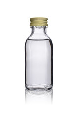 Glass bottle with a medicine or vaccine, closed with a metal stopper. Isolated on a white background with reflection