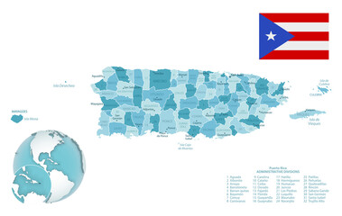 Puerto Rico administrative blue-green map with country flag and location on a globe.