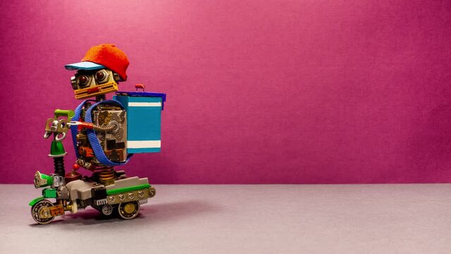 Robotics delivery service concept. Robot courier drives an electric bike scooter and delivers an orders to a customer in a backpack box. A courier shakes a cardboard box containing a package in an
