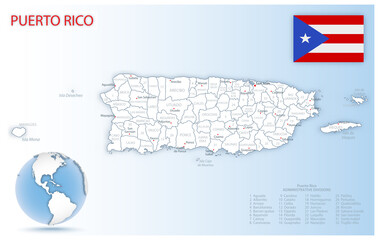 Detailed Puerto Rico administrative map with country flag and location on a blue globe.