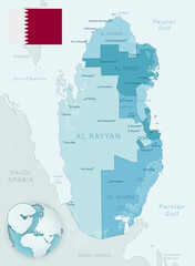 Blue-green detailed map of Qatar administrative divisions with country flag and location on the globe.