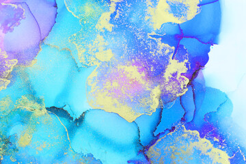 art photography of abstract fluid art painting with alcohol ink, blue, purple and gold colors