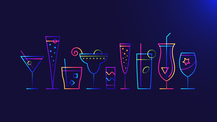 Cocktail party background. Vector illustration of abstract glowing neon colored different cocktail glasses over blue background for your design