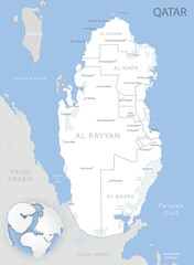 Blue-gray detailed map of Qatar administrative divisions and location on the globe. Vector illustration