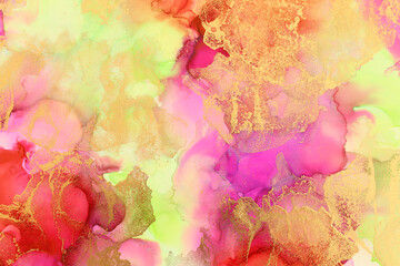 art photography of abstract fluid art painting with alcohol ink, pink, red, green and gold colors