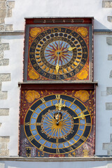Fototapeta na wymiar Clock with two dials on the tower of the 14th century Old Town Hall at Lower Market Square (Untermarkt)