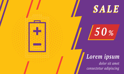 Sale promotion banner with place for your text. On the left is the battery symbol. Promotional text with discount percentage on the right side. Vector illustration on yellow background