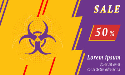 Sale promotion banner with place for your text. On the left is the biohazard symbol. Promotional text with discount percentage on the right side. Vector illustration on yellow background