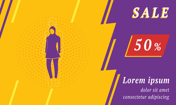 Sale promotion banner with place for your text. On the left is the burkini symbol. Promotional text with discount percentage on the right side. Vector illustration on yellow background