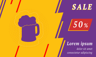 Sale promotion banner with place for your text. On the left is the mug beer symbol. Promotional text with discount percentage on the right side. Vector illustration on yellow background