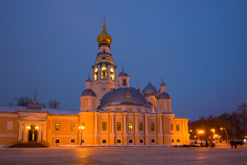 Fototapeta na wymiar Resurrection Cathedral with an old bell tower in the January evening. Vologda, Russia