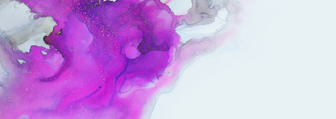 art photography of abstract fluid art painting with alcohol ink, pink, purple, black and gold colors