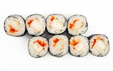 Sushi mini roll with fried sea bass on a white plate, ingredients fried bass, flying fish roe, rice, nori. Traditional Japanese food. For the restaurant menu.