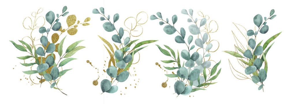 Eucalyptus and Gold elements hand drawn Composition   weddign printables