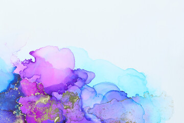 art photography of abstract fluid art painting with alcohol ink, blue, purple and gold colors