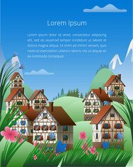 Spring mountain landscape with half-timbered houses. Vector illustration on the theme of the Bavarian Alps. A template of vertical banner.